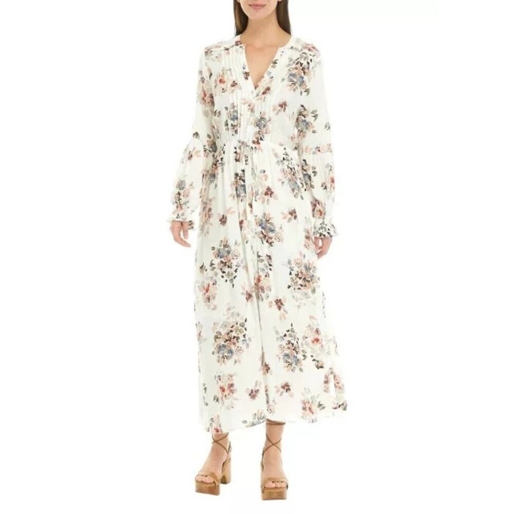 American Rag Women's M Maxi Dress Floral Blouse, Long Sleeve Side Slits